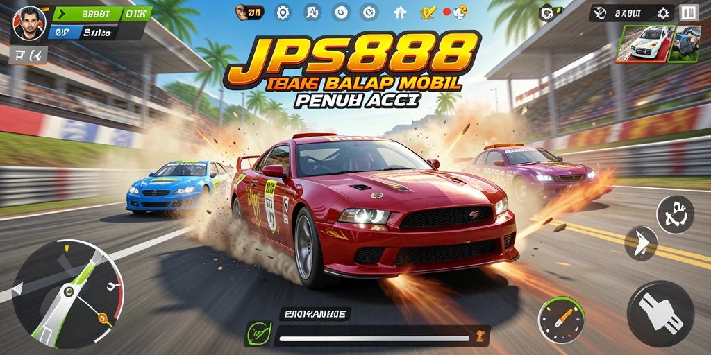 Tangkapan layar gameplay JPS888 yang menampilkan balapan mobil yang penuh aksi.