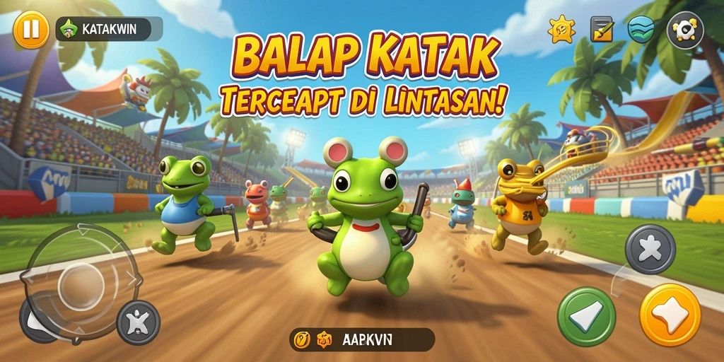 Screenshot utama KATAKWIN menampilkan aksi balapan katak yang seru!