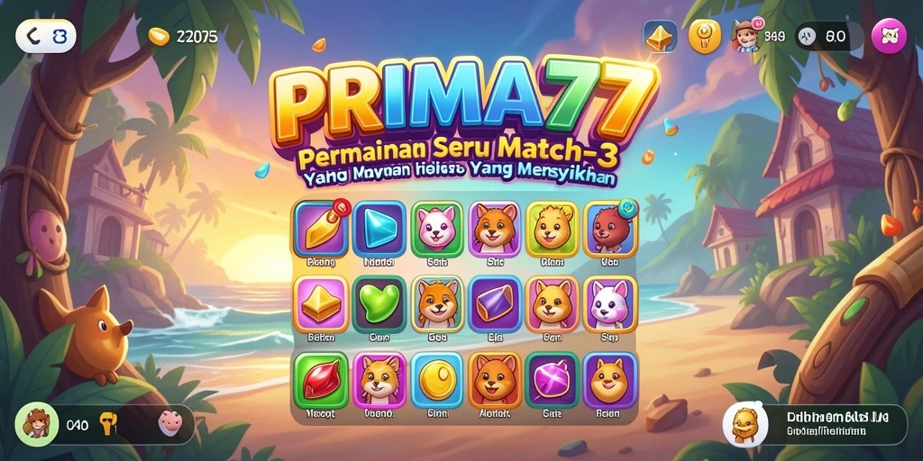 Screenshot PRIMA77 menampilkan gameplay Match-3 yang seru dan dinamis.