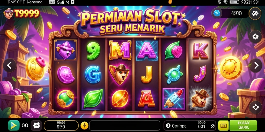 Tampilan gameplay seru dari T9999 dengan berbagai simbol dan kombinasi.